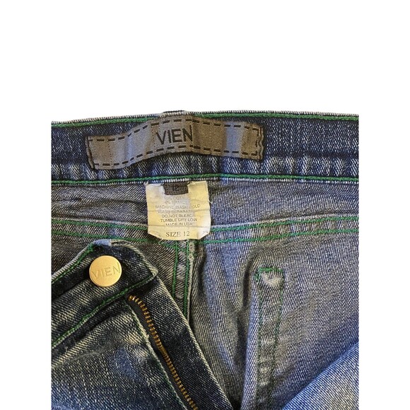 VIEN Jeans Women's 12 Faded Blue Denim Wide Boot Stretch Green Stitch USA Y2K - Picture 7 of 11